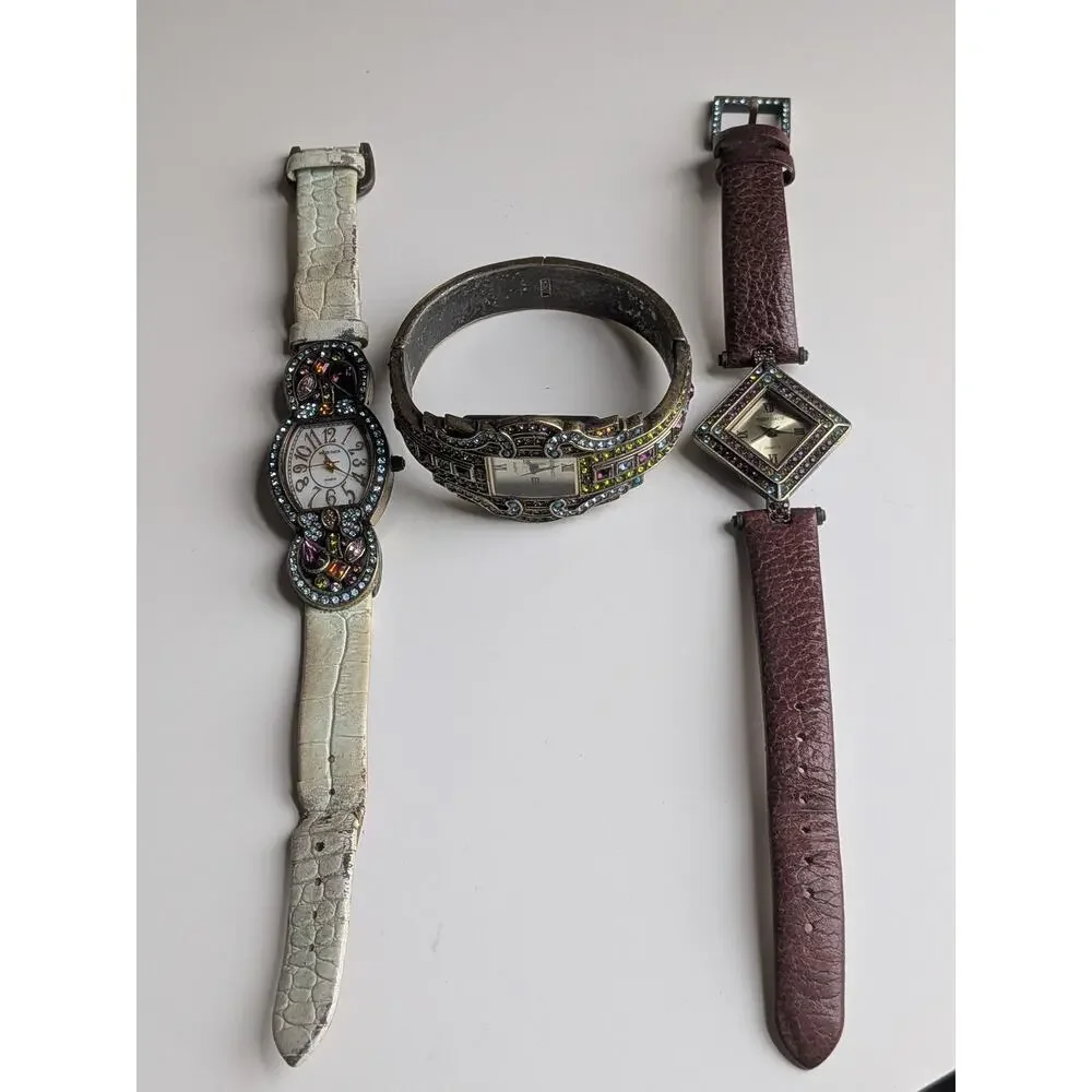 Heidi Daus Lot of 3 Crystal Bejeweled Quartz Watches Bangle Strap Set